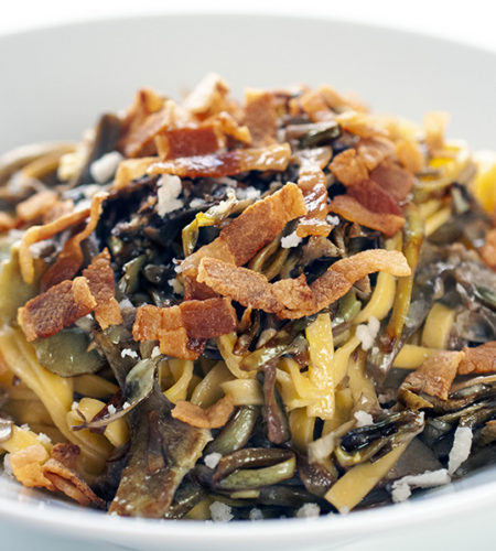 Fettuccine with artichokes, guanciale, and pecorino