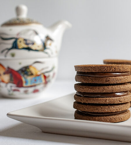 Cocoa sable with caramel ganache